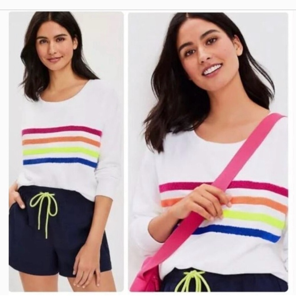 NWT Loft Lou Grey White With Rainbow Cotton Terry Stripe Sweatshirt Top Sz Small